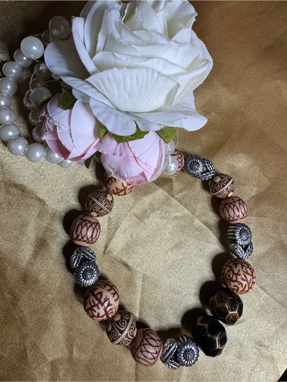 Handmade Earth-Tone Beaded Bracelet with Silver Accent Beads - Brown & Cream